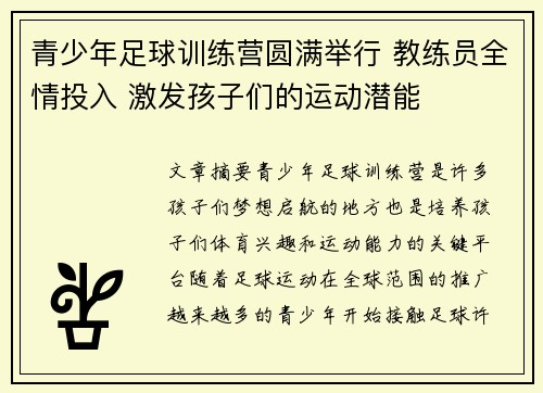 青少年足球训练营圆满举行 教练员全情投入 激发孩子们的运动潜能