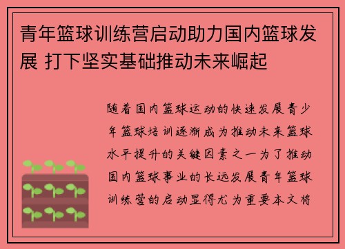 青年篮球训练营启动助力国内篮球发展 打下坚实基础推动未来崛起