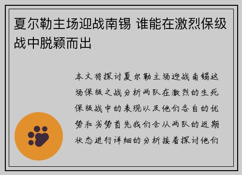 夏尔勒主场迎战南锡 谁能在激烈保级战中脱颖而出