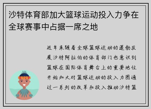 沙特体育部加大篮球运动投入力争在全球赛事中占据一席之地