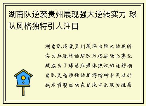湖南队逆袭贵州展现强大逆转实力 球队风格独特引人注目