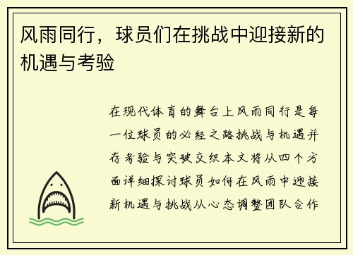 风雨同行，球员们在挑战中迎接新的机遇与考验