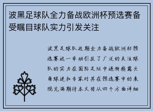 波黑足球队全力备战欧洲杯预选赛备受瞩目球队实力引发关注