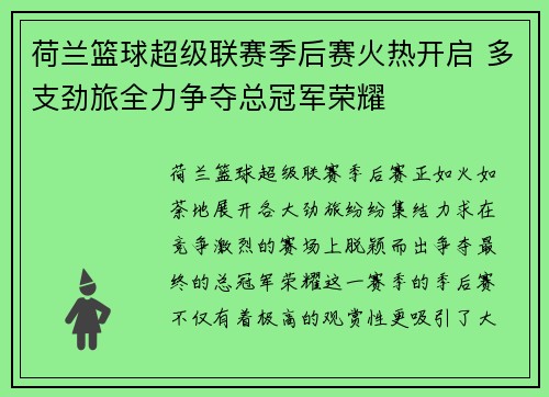 荷兰篮球超级联赛季后赛火热开启 多支劲旅全力争夺总冠军荣耀