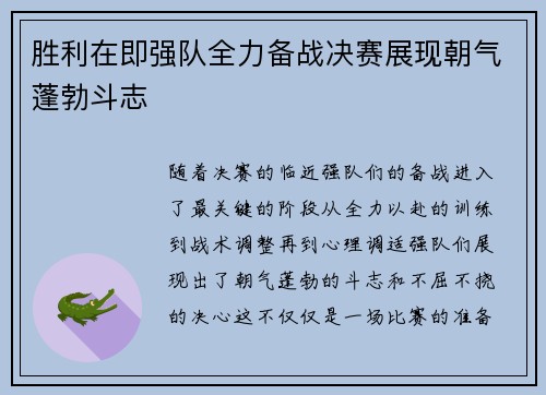 胜利在即强队全力备战决赛展现朝气蓬勃斗志