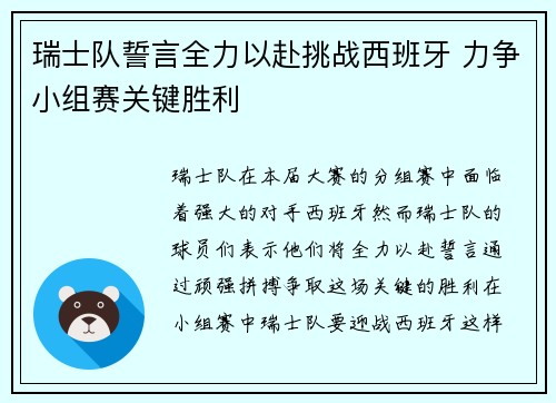 瑞士队誓言全力以赴挑战西班牙 力争小组赛关键胜利
